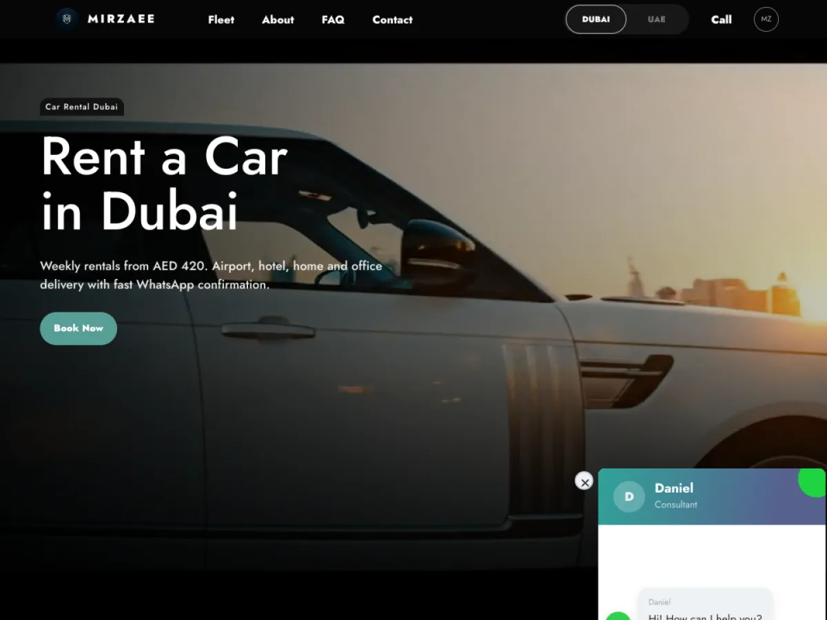 Mirzaee car rental website by MOVA Creative Studio, Dubai